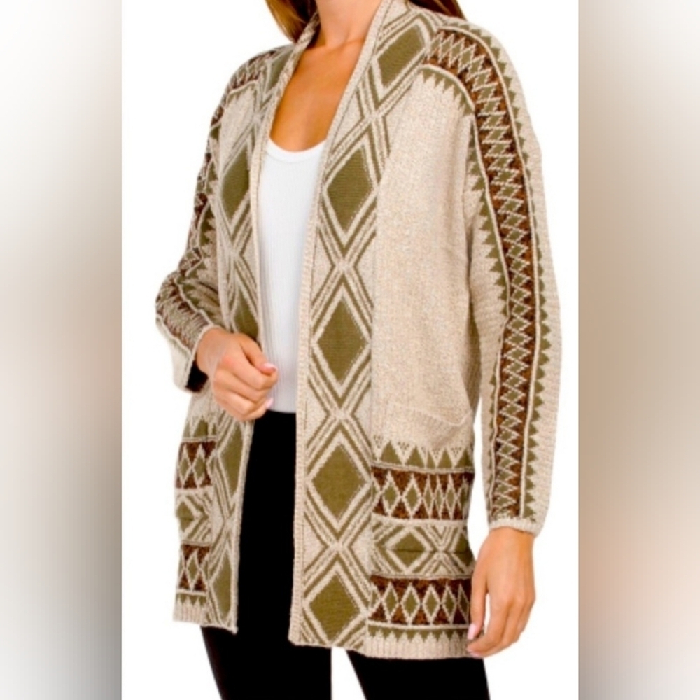 Lucky Brand Cardigan Sweater Womens Size M Jacquard Knit Aztec Geometric print